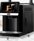 Fully Automatic Espresso Machine With Built In Conical Grinder And Auto Foaming Milk Wand, sleek black design with touch screen.