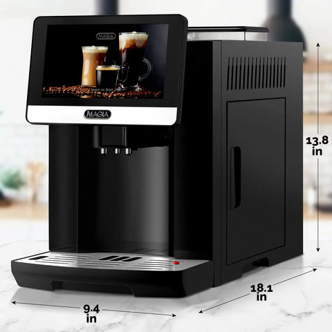 Fully Automatic Espresso Machine With Built In Conical Grinder And Auto Foaming Milk Wand, sleek black design with touch screen.