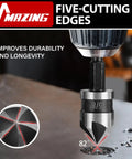 Close-up of drill using Pro Grade 5 Piece Countersink Drill Bit Set With One Quarter Inch Hex Shank, 82 Degree 5 Flute HSS Countersink Bits.