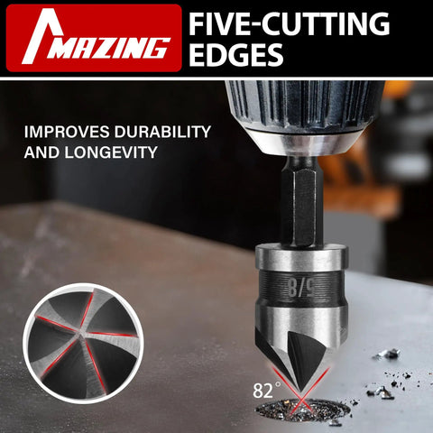 Close-up of drill using Pro Grade 5 Piece Countersink Drill Bit Set With One Quarter Inch Hex Shank, 82 Degree 5 Flute HSS Countersink Bits.