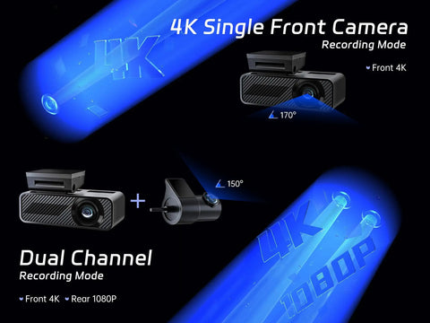P1 Duo 4K Dash Cam Front And Rear With 64GB Card Included, Dual 4K Front And 1080P Rear Video, Wi Fi App Control, display modes