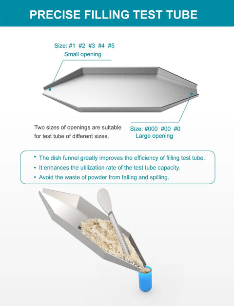 Filling Tools Kit for Home and Lab with Empty Funnel Tray, sizes 000 to 5, efficient powder transfer tool with spoon and spatula.