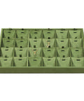 Top Shelf Velvet Jewelry Tray With 24 Individual Sections For Pendants Folded Chains And Stud Earrings Soft Touch Holder in green velvet, displaying two necklaces.