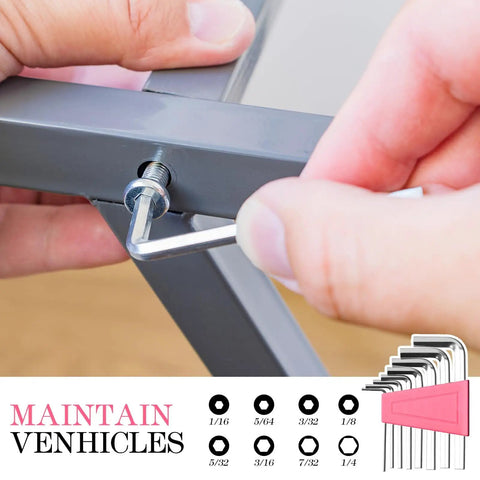 Using an L-shaped hex key from the Pink 3.6V Cordless Screwdriver Set With 151 Piece Home Tool Kit on a metal frame.