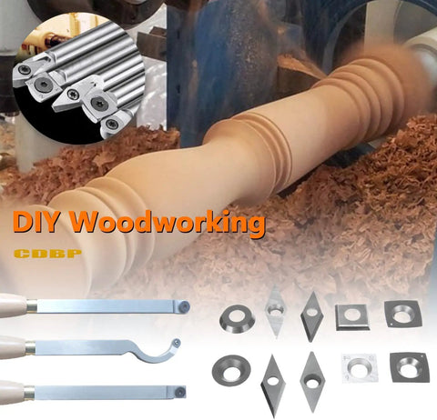 Ten Pack 16mm Round Carbide Inserts For Woodturning Lathe Finisher Tools R16x3mm 30 Degree Cutting 3mm Thick With Countersunk Hole Fits Ci0 Full Size And Pro Series Easy Finishers shown with lathe tool set and wood shavings.