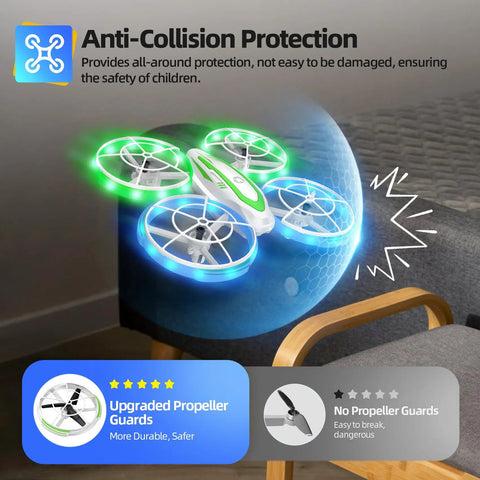 Mini Drone For Kids Beginners Easy To Fly RC Quadcopter With Colorful LED Lights demonstrating anti-collision protection indoors
