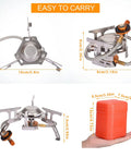 Portable Camping Gas Stove With 1Lb Propane Tank Adapter showing measurements, foldable design, and carry case