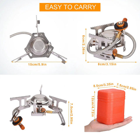 Portable Camping Gas Stove With 1Lb Propane Tank Adapter showing measurements, foldable design, and carry case