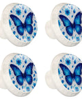 4 Pack Blue Butterfly and Flower Crystal Glass Cabinet Knobs for Kitchen and Bedroom, white drawer pulls with floral design.
