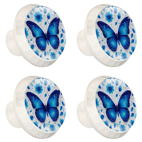 4 Pack Blue Butterfly and Flower Crystal Glass Cabinet Knobs for Kitchen and Bedroom, white drawer pulls with floral design.