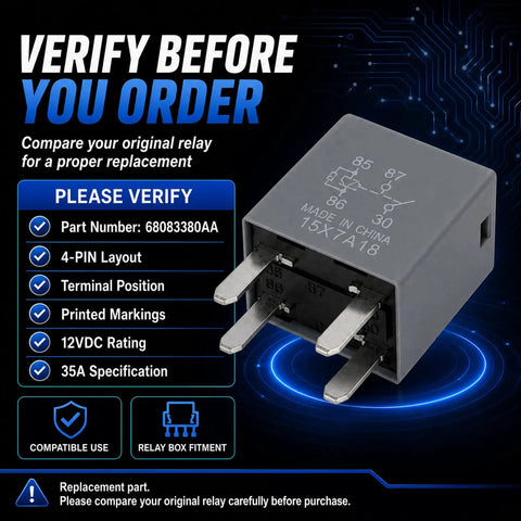 6 Pack 12V 35A 4 Pin Automotive Relay Replacement For Dodge Jeep Chrysler Ram Vehicles 68083380AA Ready To Drop In And Power Up Electrical Systems Today. gray 4-pin relay with 12V 35A markings and terminal layout
