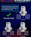 Solid M14 X 1.5 Wheel Lock Lug Nuts With Anti Theft Key Sockets showing conical seat design for OEM style compatibility.