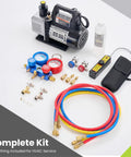 One Third Horsepower Single Stage Rotary Vane Vacuum Pump Kit With R134a Manifold Gauge Set Leak Detector Quick Lock Hoses and Rugged Tote for No Sweat HVAC Repair and Cooling Work.