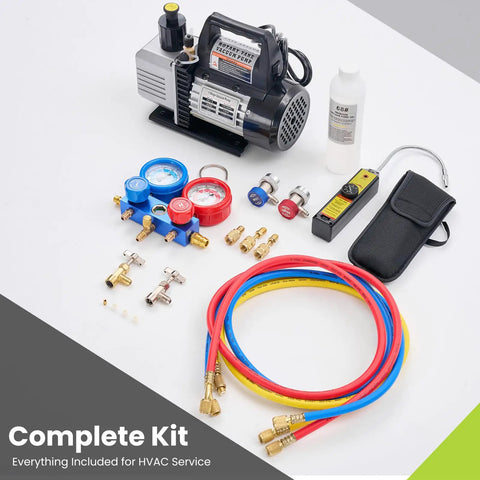 One Third Horsepower Single Stage Rotary Vane Vacuum Pump Kit With R134a Manifold Gauge Set Leak Detector Quick Lock Hoses and Rugged Tote for No Sweat HVAC Repair and Cooling Work.