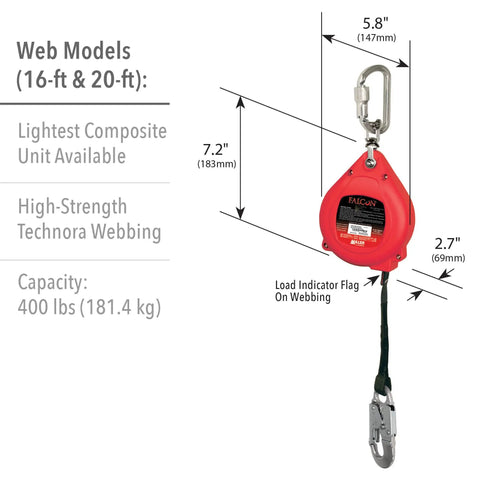 Falcon 30-Foot Self Retracting Galvanized Wire Lifeline With Swivel Carabiner And Snap Hook Red MP30G-Z7/30FT shown with dimensions