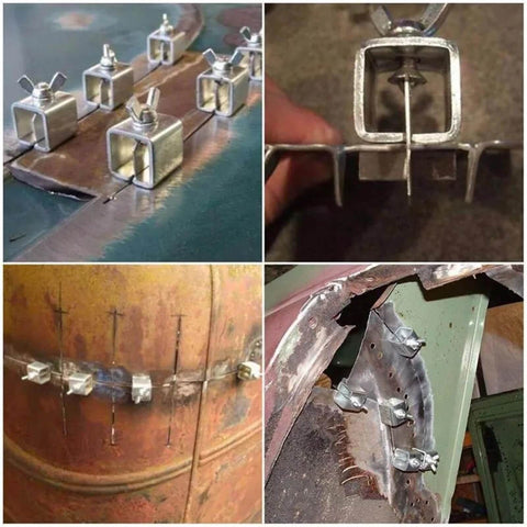 Close-up of Butt Weld Clamps 10 Piece Set For Metal Working Weld Clamp Jig Holders Adjustable Welder Hand Tools in use.