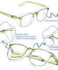 12 Pack Anti Fog Safety Glasses Goggles with clear protective lenses, scratch-resistant frames, and green wraparound construction.