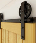 20Ft Heavy Duty Sliding Barn Door Hardware Kit For Smooth Quiet Operation With Big Spoke Wheel Hanger J Style Fits 120 Inch Door Panel Solid Steel Roller And High Strength Flat Tracks Supports Up To 150Kg Durable Anti Corrosion Construction showing installed hardware