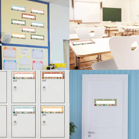 Moving Mountains Desk Nameplates Set Of 30 For Classroom And Office Decor displayed on desks and doors in various settings.