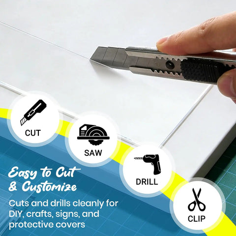 User cutting Top Shelf Clarity PET Plastic Sheets 3 Pack 24 By 36 Inches 0.04 Thick for DIY projects and shields.