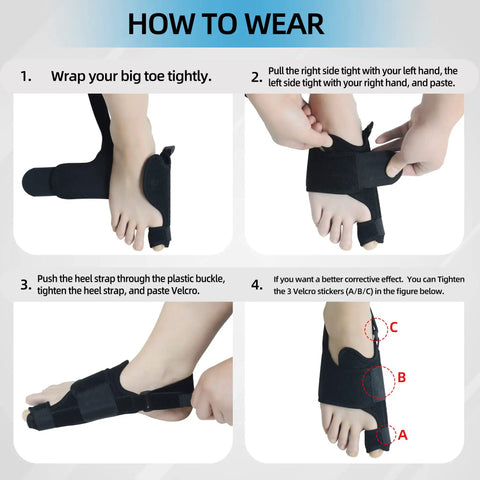 How to wear Overnight Bunion Corrector For Men And Women, Big Toe Straightener Night Splint instructions with foot model.