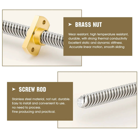 Close-up of Z Axis Upgrade Kit with 365mm T8 Lead Screw Brass Nut and Stainless Steel Rod for Ender 3 and Voxelab printers