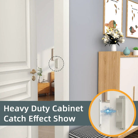 Installed 4 Pack Heavy Duty Magnetic Cabinet Door Catches with 90Lb Hold, stainless steel, securing a large door in a home interior.