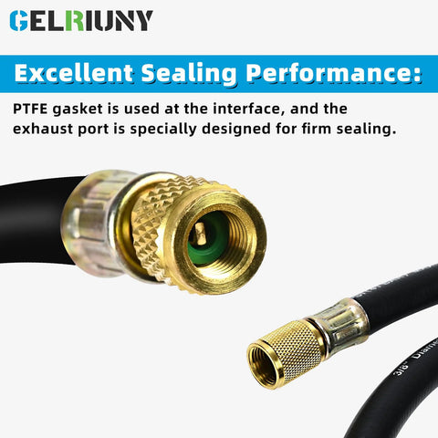 Close-up of HV1S 3/8in heavy-duty charging vacuum hose with 3/8in–1/4in brass fittings, black hose, 5 ft, Gelriuny