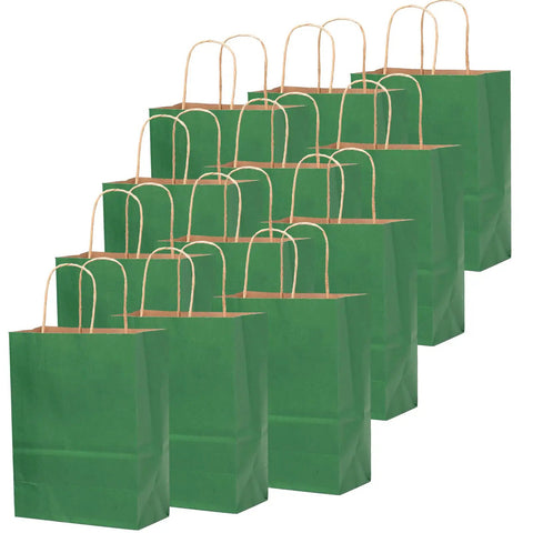 Deep Green Kraft Paper Bags With Handles Bulk 600 Pack Small Gift Bags 8x6x3 Inches For Party Gift Wrapping Recyclable Eco Friendly