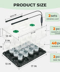 Diagram of Two Pack 3 Inch Seed Starter Trays With Grow Lights And Humidity Domes, 40 Clear Nursery Pots, 20 Cell Trays, dimensions labeled