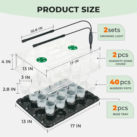 Diagram of Two Pack 3 Inch Seed Starter Trays With Grow Lights And Humidity Domes, 40 Clear Nursery Pots, 20 Cell Trays, dimensions labeled