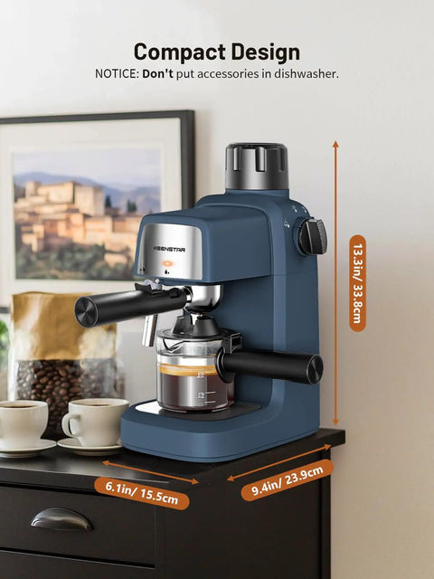 No Fuss Compact Espresso Machine With Fast Milk Frother And Smart Preheat Setup For Hot Lattes And Iced Coffee 800 Watt Power on kitchen counter.