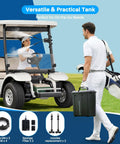 Man carrying Portable Outdoor Misting System With 9L Water Bucket, Built-In 10000mAh Battery And PCS Pump near golf cart.