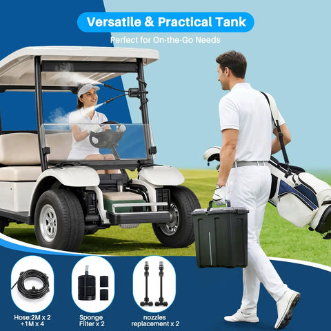 Man carrying Portable Outdoor Misting System With 9L Water Bucket, Built-In 10000mAh Battery And PCS Pump near golf cart.