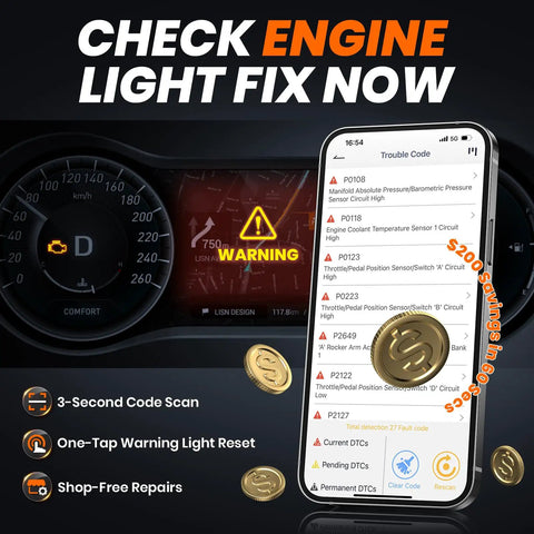 Enhanced Bluetooth OBD2 Scanner With 2 In 1 Car Engine Fault Code Reader For iPhone and Android, dashboard with warning light and phone app
