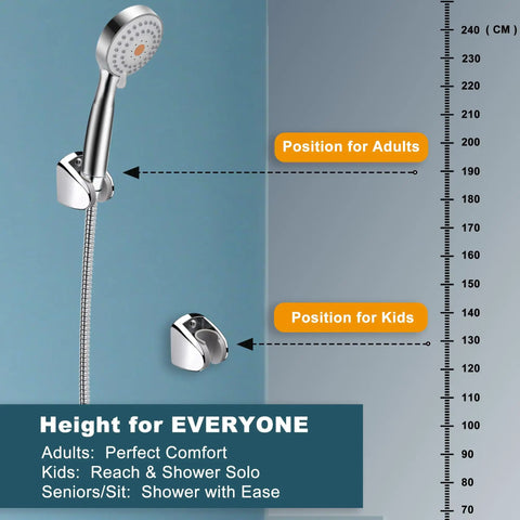 On Wall Mount Shower Bracket for Handheld Shower Head with height adjustable holder shown in chrome, positions for adults and kids