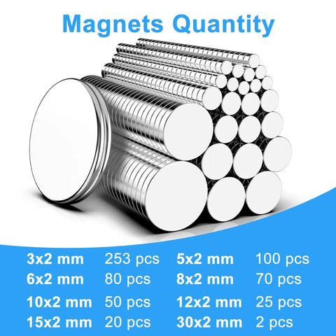 600 Pieces Round Neodymium Magnet Set In 8 Sizes showing stacks of magnets and quantity per size