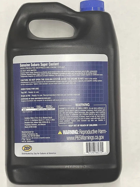 Subaru Blue Prediluted Coolant 1 Gallon Pre Mixed Fifty Fifty Antifreeze SOA868V9272 rear label view