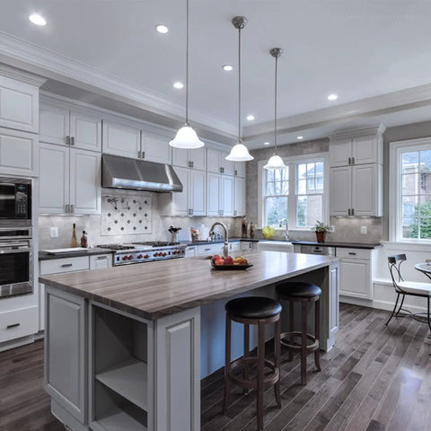 Modern kitchen with island, pendant lights, and seating, featuring G25 LED Globe Light Bulbs 5W 40W Equivalent Dimmable 450 Lumens 5000K Daylight E26 Base UL Listed Pack of 6 for Bathroom Vanity Mirror Home Decor Energy Saving