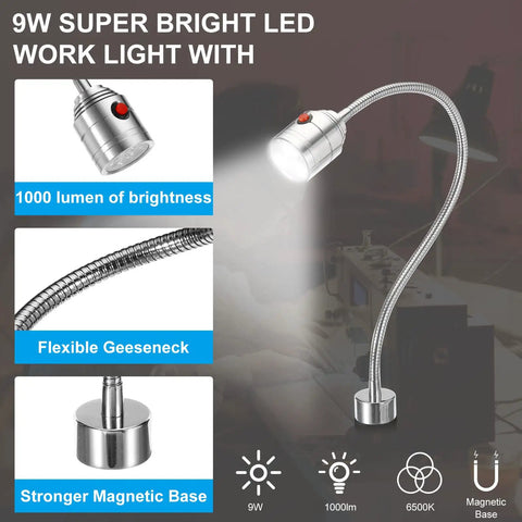 Adjustable Magnetic Work Light With Flexible Gooseneck Provides Straight Fire 1000 Lumen Focus Glow For Home Shops And Desks featuring a silver gooseneck and strong magnetic base.