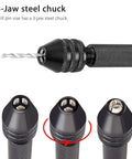 Pin Vise Hand Drill Set with Mini Bench Vise and 60 Drill Bits for Resin Wood Jewelry Making showing 3-jaw steel chuck detail.