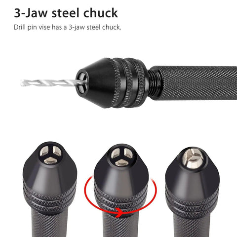 Pin Vise Hand Drill Set with Mini Bench Vise and 60 Drill Bits for Resin Wood Jewelry Making showing 3-jaw steel chuck detail.