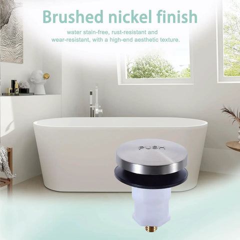 Plug And Play Toe Touch Bathtub Drain Stopper In Smooth Brushed Nickel for easy tub swaps displayed in a modern bathroom setting.