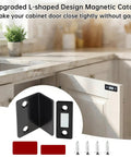 Ultra Thin Magnetic Drawer Catches Pack Of 16 With No Gap L Shaped Strike Plate shown on white cabinet door