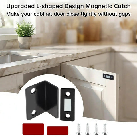 Ultra Thin Magnetic Drawer Catches Pack Of 16 With No Gap L Shaped Strike Plate shown on white cabinet door