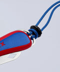 Close-up of the Everyday Carry Folding Knife With Ultra Sharp Solingen Blade, showing a red and blue ergonomic handle with lanyard