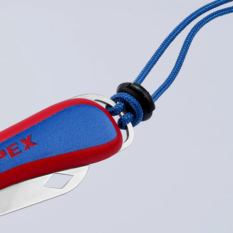 Close-up of the Everyday Carry Folding Knife With Ultra Sharp Solingen Blade, showing a red and blue ergonomic handle with lanyard