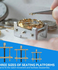 Close-up of Aluminum Alloy Watch Movement Holder Kit with hand using tweezers on a movement under repair base for watchmakers.
