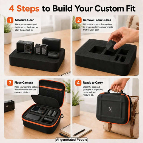 4 steps to customize Rugged Hard Shell Case With Custom Cut Foam For Compact Mirrorless Cameras And Photo Gear Boss Level Protection.