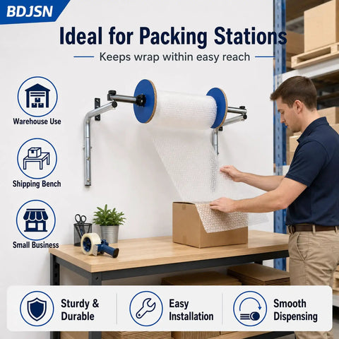 No Sweat Wall Mounted Foam Wrap Dispenser With Smooth Rolling Galvanized Steel Bubble Cushion Holder for easy packing station use.
